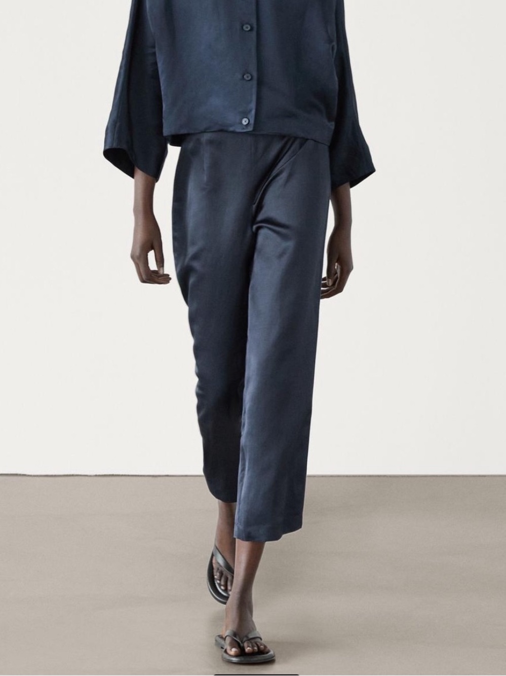 Massimo Dutti Dark Navy Straight-Leg Women's Satin Pants